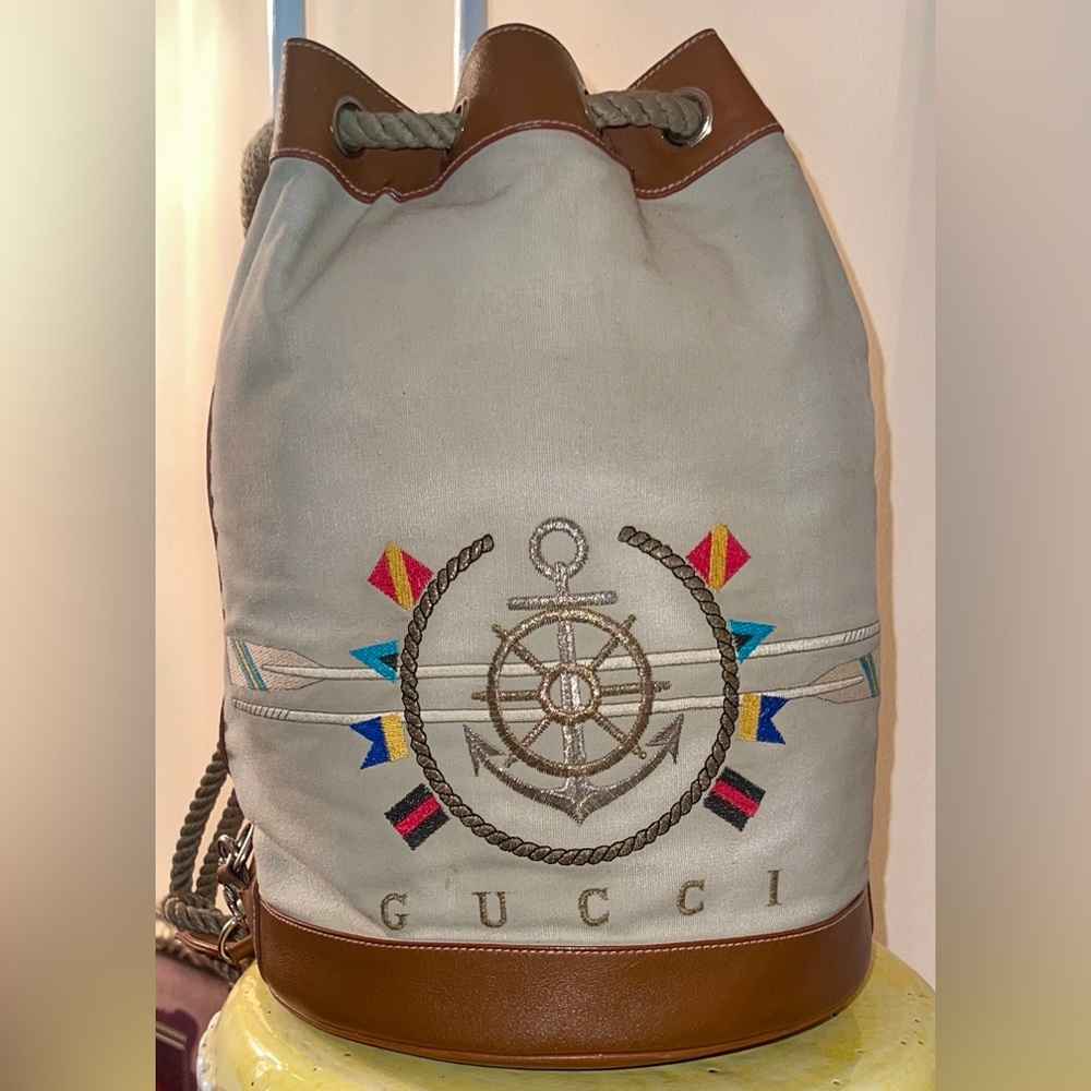 Gucci Nautical Vintage Embroidered Anchor Canvas Bucket Bag